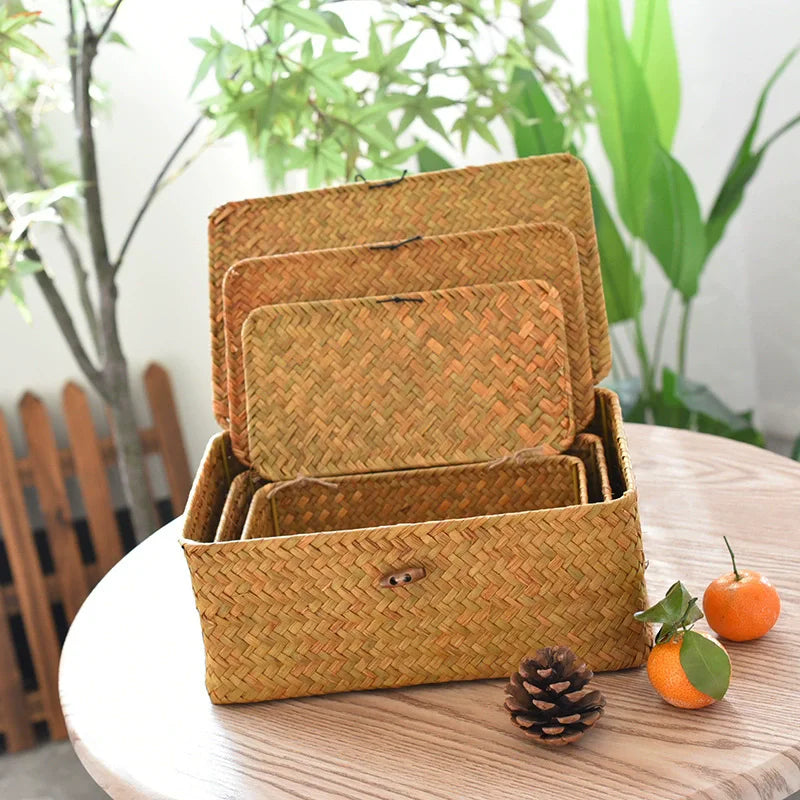 Panier de rangement Vintage tissé en paille fait à la main,