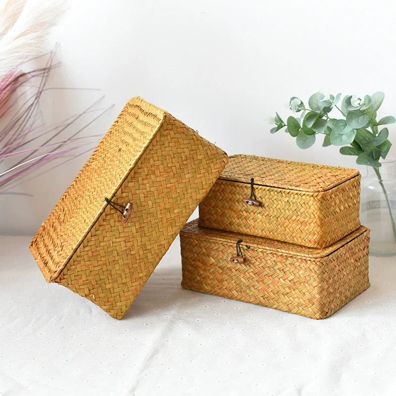 Panier de rangement Vintage tissé en paille fait à la main,