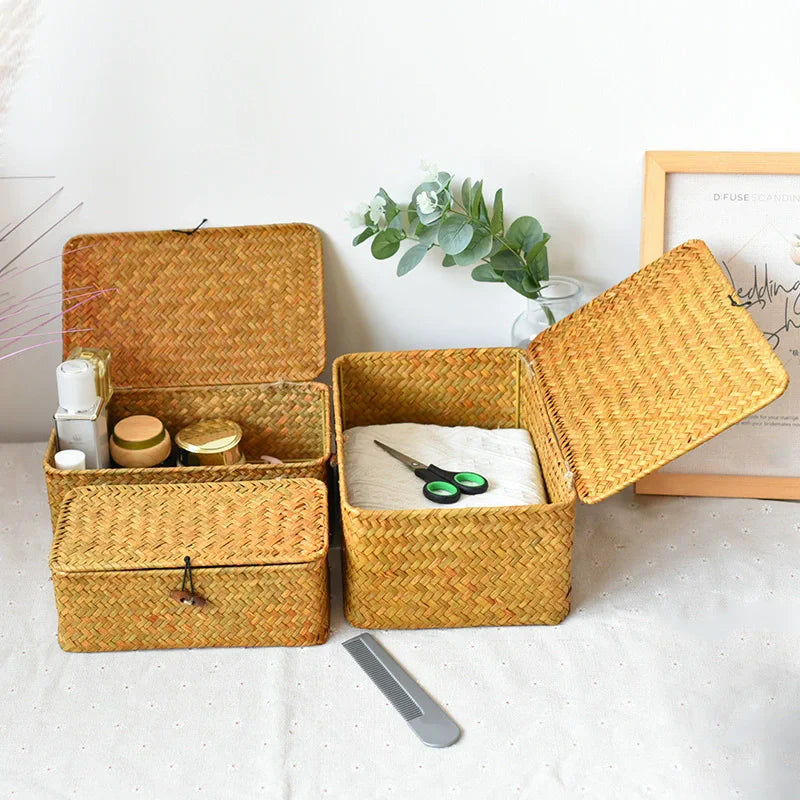 Panier de rangement Vintage tissé en paille fait à la main,